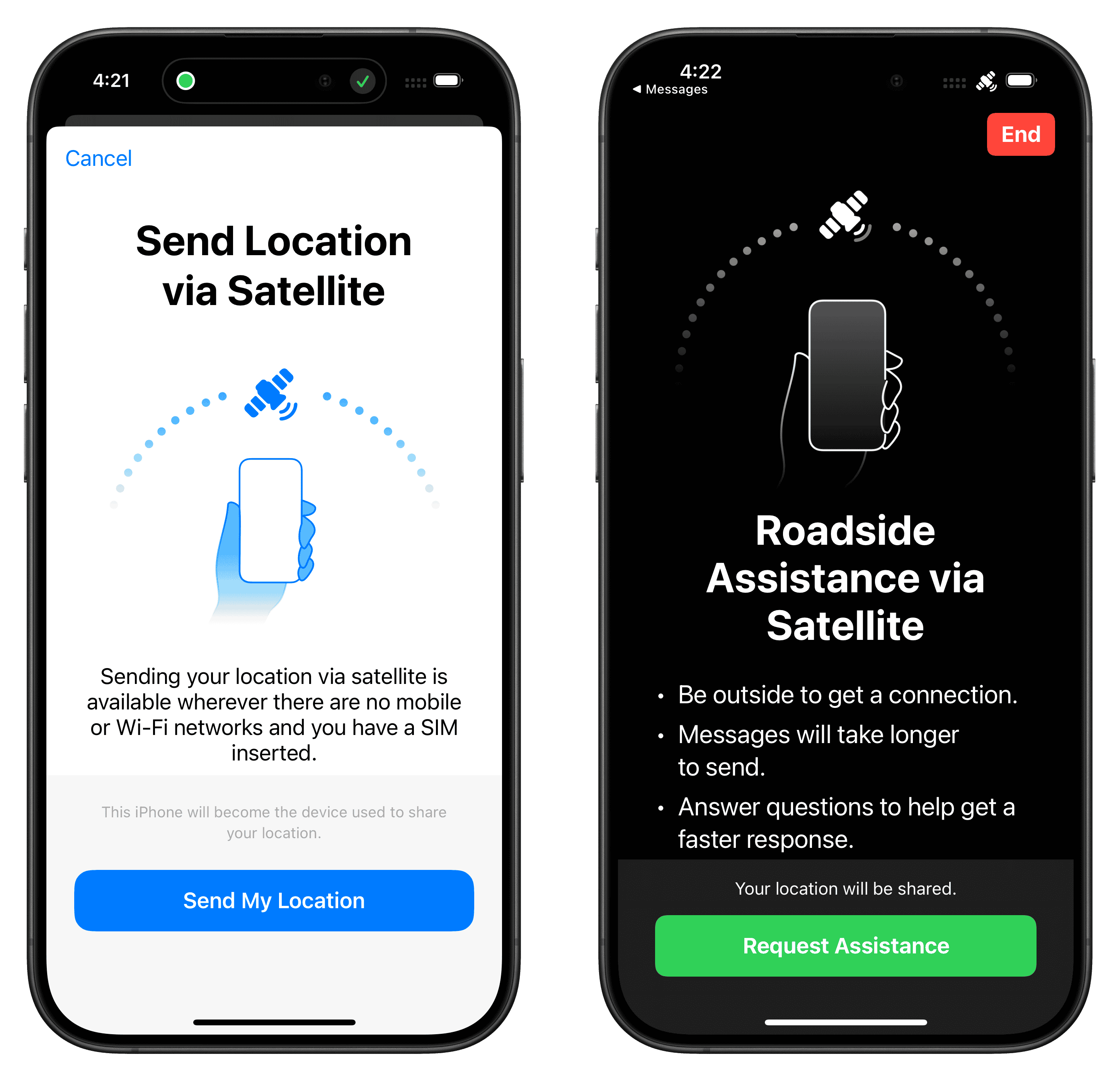 Auto-generated description: Two smartphone screens display satellite communication features, one for sending location and the other for roadside assistance.